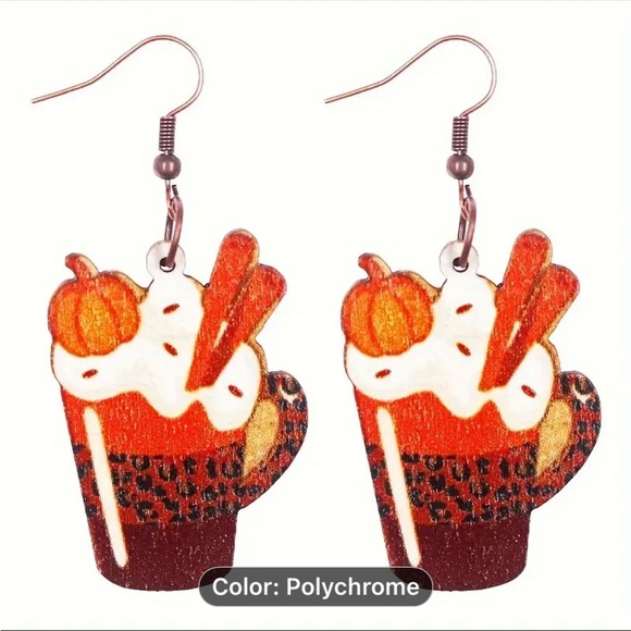 Earrings, NWT, Wooden Pumpkin Latte Cup W/Leopard Print, Dangle, So Cute! - Picture 6 of 6